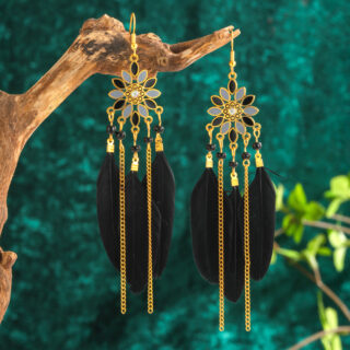 Boucles d Oreilles Boho a Plumes noir