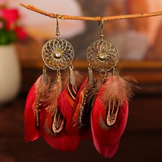 Boucles dOreilles Ethniques Plumes Colorees rouge