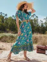 Robe Boheme Longue a Fleurs Roses cote