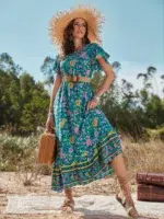 Robe Boheme Longue a Fleurs Roses devant