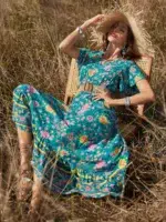 Robe Boheme Longue a Fleurs Roses femme