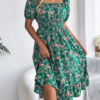 Robe Courte Bohème à Col Carré Vert